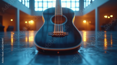 Acoustic guitar on polished floor, modern interior, warm lighting photo