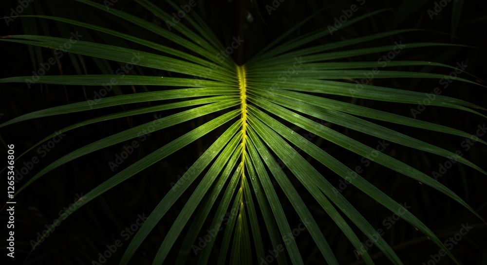 Obraz premium Lush Green Palm Leaf Close-up with Sunlight Against Dark Background