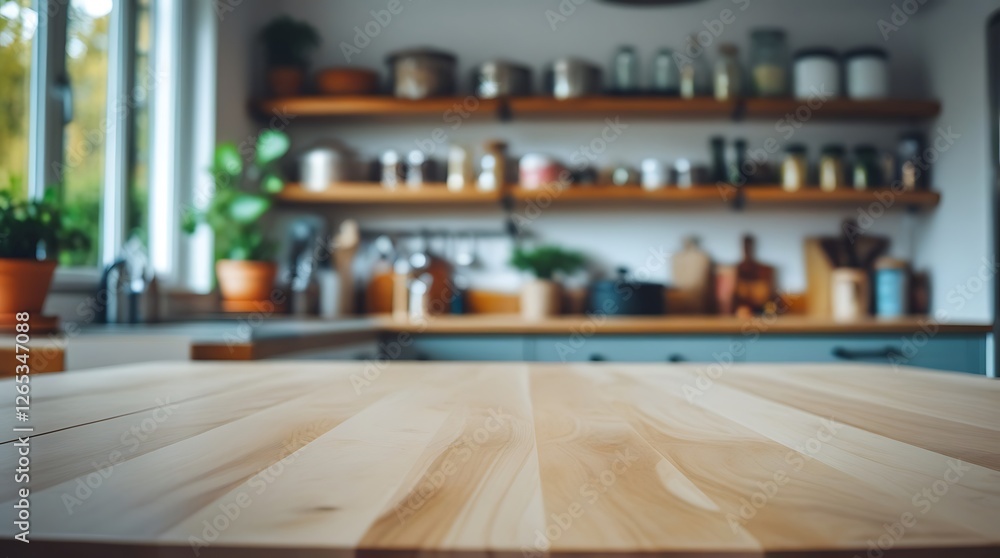 Obraz premium The image is a close-up of a wooden table top in a kitchen. wooden table, Product shelf, product display.