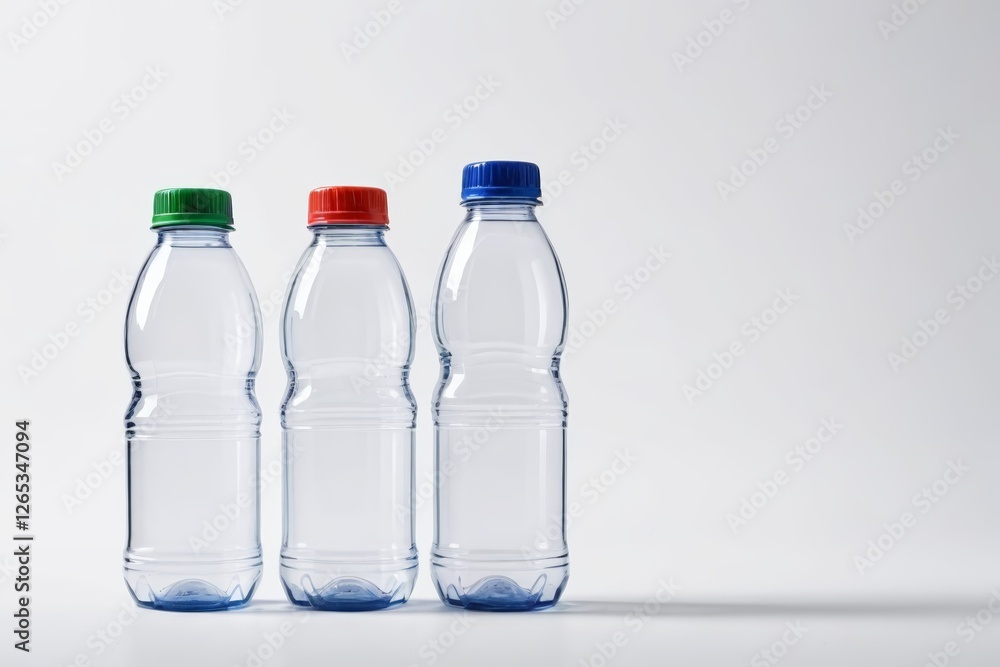 three empty plastic bottles with lids sit on a white surface three empty plastic bottles with lids sit on a white surface