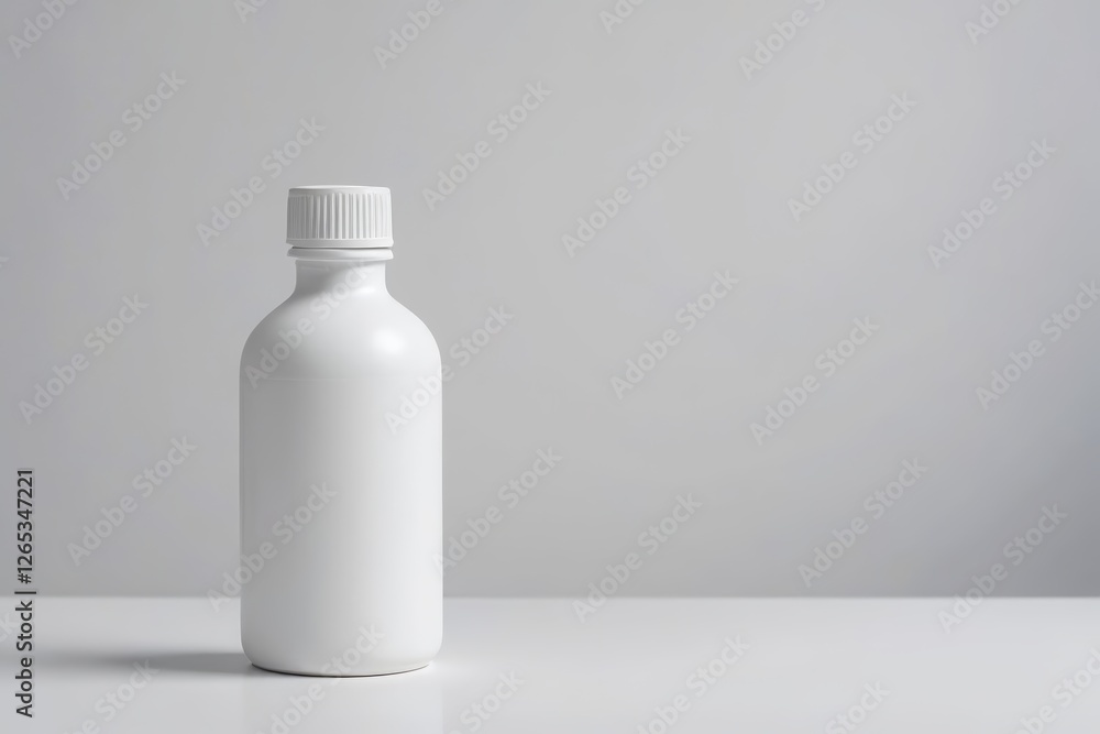 a close up of a white bottle on a table with a gray background a close up of a white bottle on a table with a gray background
