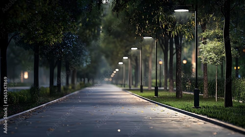 Obraz premium Night Path Through a Misty Park with Streetlights