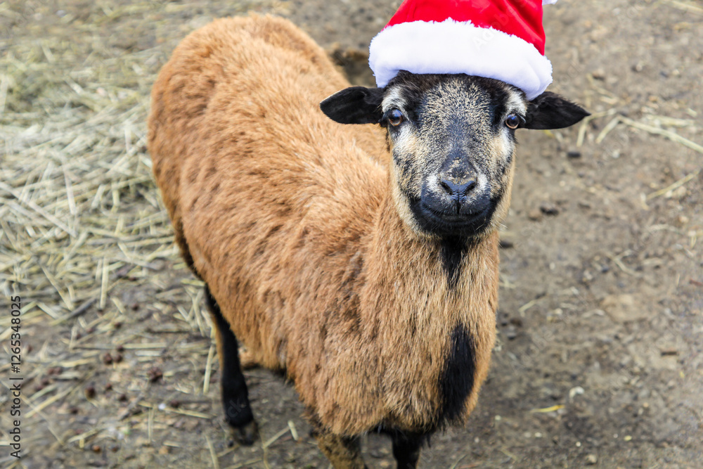 Fototapeta premium Ein Lamm, Schaf mit Weihnachtsmütze.
