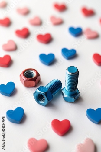 Two bolts and one nut with blurred background. Symbol of polygamy/polyandry. The practice of a woman marrying more than one husband. photo