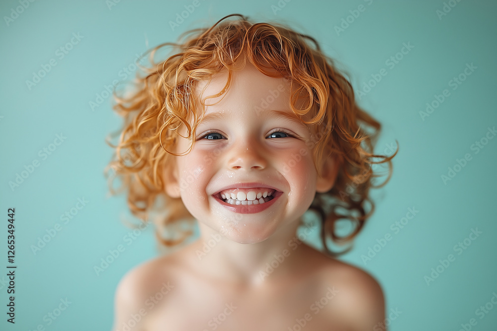 joyful 5 year old boy with curly red hair smiles brightly against soft blue background, radiating happiness and innocence. His laughter is infectious and heartwarming joyful 5 year old boy with curly red hair smiles brightly against soft blue background, radiating happiness and innocence. His laughter is infectious and heartwarming