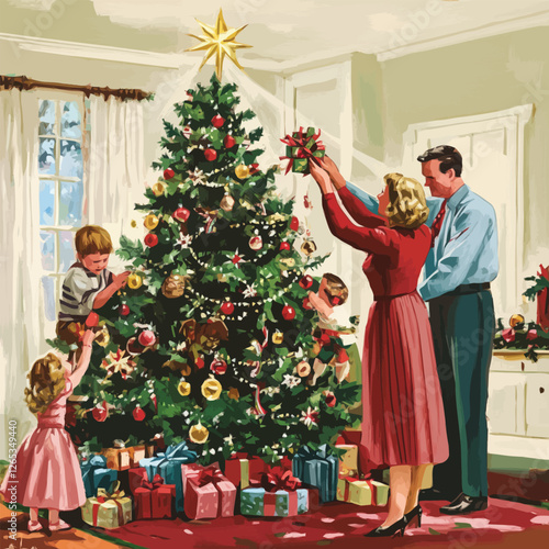 A vector of a family decorating a Christmas tree with gifts