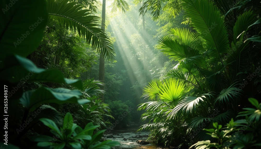 Obraz premium Lush Green Tropical Forest with Stream and Sun Rays