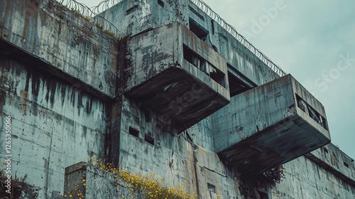 Abandoned brutalist concrete building with rusted walls, barbed wire, and overgrown plants, evoking a dystopian, post-apocalyptic atmosphere photo