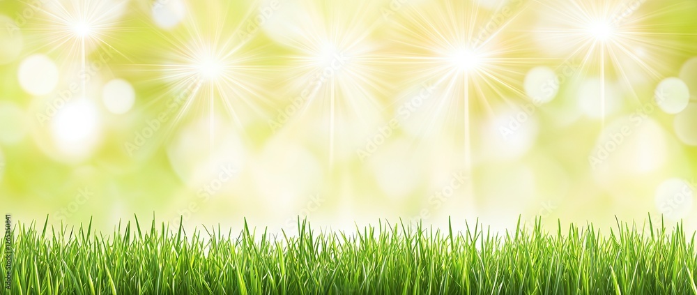 Fototapeta premium Soft sunlight casts a peaceful glow over the vibrant green grass field, creating a serene natural ambiance