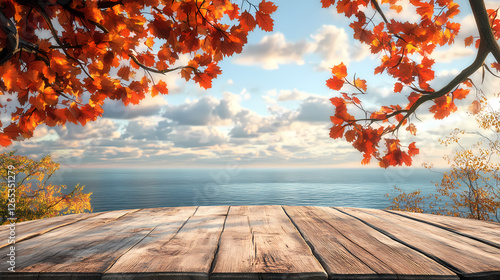 Tranquil Autumn Scene with Wooden Platform and Colorful Trees