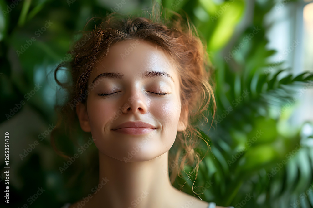 Young woman with closed eyes and a peaceful smile, enjoying a moment of relaxation surrounded by lush green plants, symbolizing mindfulness, nature, and well-being Young woman with closed eyes and a peaceful smile, enjoying a moment of relaxation surrounded by lush green plants, symbolizing mindfulness, nature, and well-being
