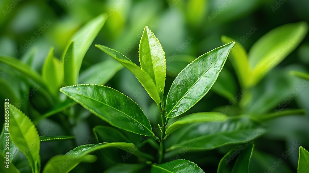 Lush green tea leaves growing on a plantation Lush green tea leaves growing on a plantation