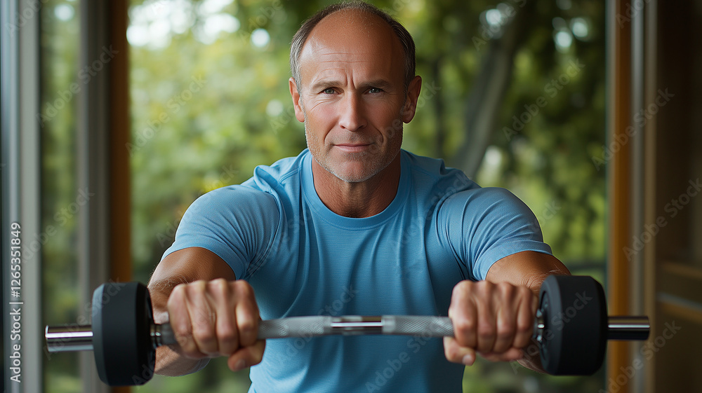 Athletic man in his 40s lifting dumbbell, showcasing strength and determination. background features natural setting, enhancing focus on fitness and health Athletic man in his 40s lifting dumbbell, showcasing strength and determination. background features natural setting, enhancing focus on fitness and health
