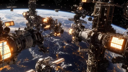 Futuristic space station orbiting Earth, showcasing advanced technology and vibrant city lights below