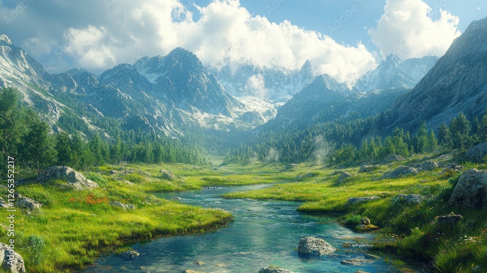 Fototapeta premium Sunny alpine valley with flowing river, mountains, and clouds. Possible use Nature background, travel brochure