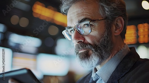 Market trends analysis by stockbroker in financial district digital environment business perspective technology focus