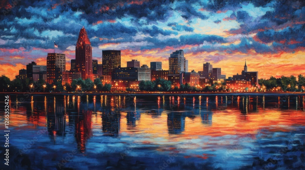 Fototapeta premium Cityscape Sunset River Reflection Painting