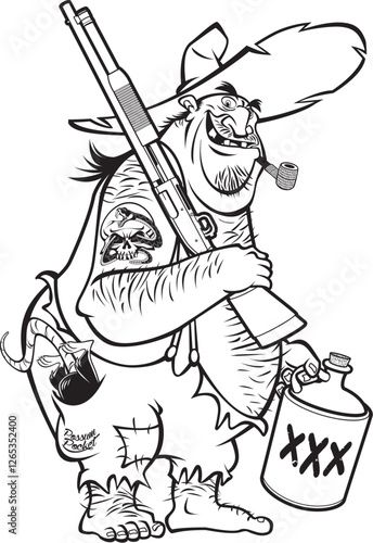 cartoon caricature of a hillbilly with shotgun and whiskey jug