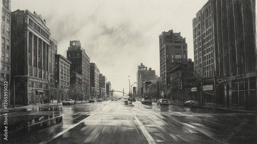 Naklejka premium Rainy city street, urban landscape, grayscale