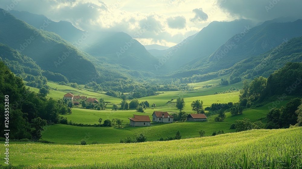 Obraz premium Mountain valley farmhouses sunset scenic landscape