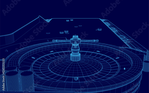 A blue image of a roulette table with a blue background. The table is shown in a stylized way, with the roulette wheel and table top being the main focus