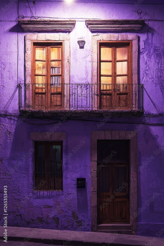 Obraz premium Old purple building facade with a balcony and windows at night in the city of Guanajuato, Mexico, illuminated by warm street light