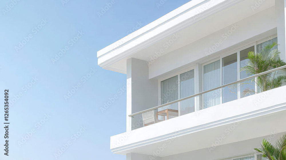 Modern white balcony design with clear sky and minimalistic architecture in daylight Modern white balcony design with clear sky and minimalistic architecture in daylight