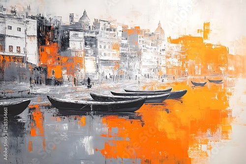 Colorful Abstract Painting of a Coastal Town at Sunset