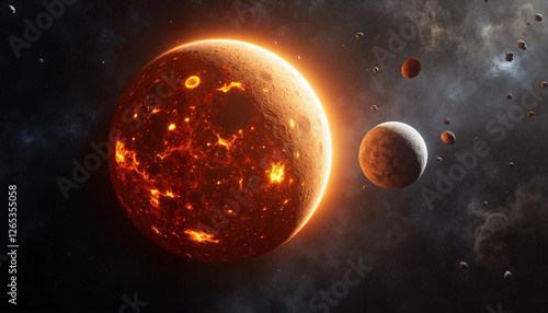 Vibrant cosmic landscape featuring Io and asteroids, celestial exploration