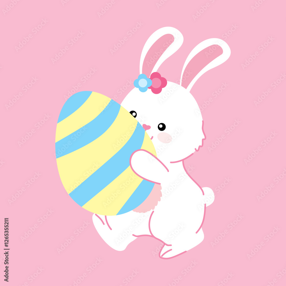 A cute bunny holding a decorated Easter egg, perfect for greeting cards and festive designs. A cute bunny holding a decorated Easter egg, perfect for greeting cards and festive designs.