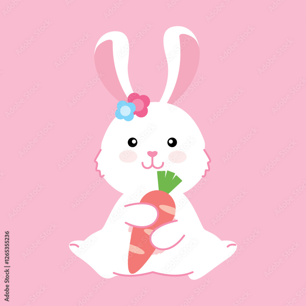 An adorable bunny hugging a carrot, ideal for Easter designs, garden themes, and healthy eating illustrations. An adorable bunny hugging a carrot, ideal for Easter designs, garden themes, and healthy eating illustrations.
