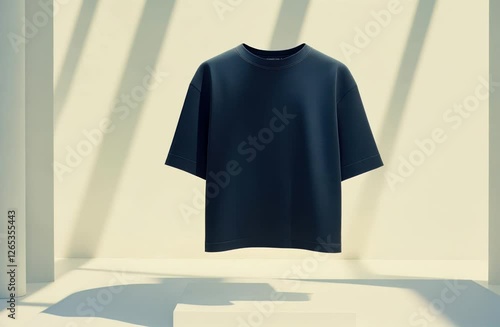 Minimalist display of a floating dark t-shirt in a bright, shadowed interior setting