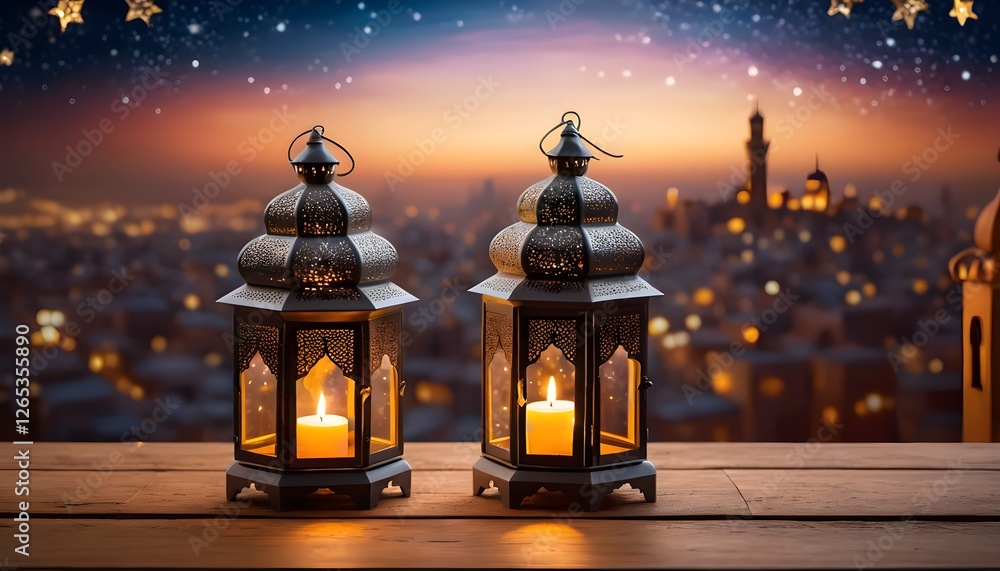 Fototapeta premium Magical Night with Moroccan Lanterns and Candlelit Ambiance - A Captivating Cityscape under a Starry Sky