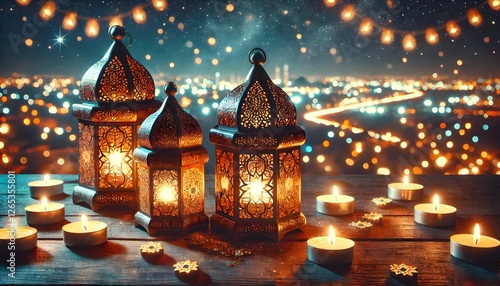 Magical Night with Moroccan Lanterns and Candlelit Ambiance - A Captivating Cityscape under a Starry Sky