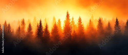 A breathtaking sunset illuminates a forest of tall pine trees, casting an ethereal glow against a backdrop of vibrant orange and soft mist, capturing the beauty of nature's tranqui photo