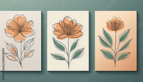 One line art flower poster set. Single continuous line leaf, flower minimal design background. Botanical art for print, wallpaper. perfect any project