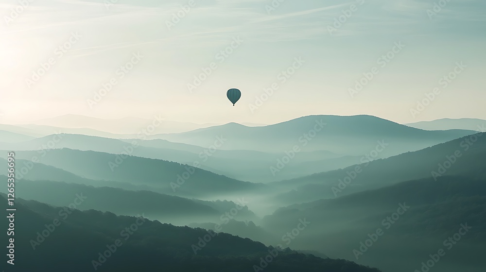 Hot Air Balloon Soaring Over Misty Mountain Ranges Hot Air Balloon Soaring Over Misty Mountain Ranges