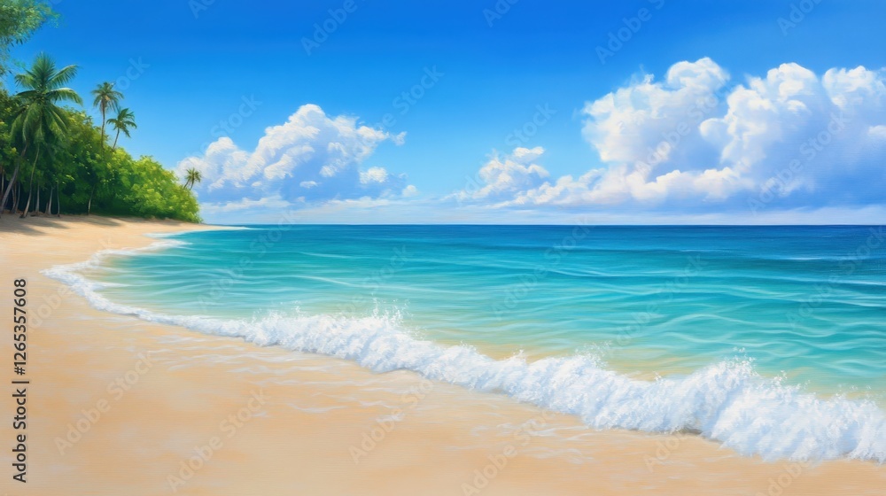 A serene tropical beach scene featuring soft waves lapping against the sandy shore, lush palm trees swaying gently in the breeze, and a vibrant blue sky scattered with fluffy cloud