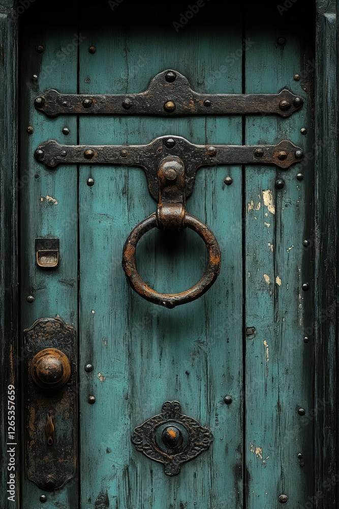 Weathered teal door boasts ornate iron hardware. Weathered teal door boasts ornate iron hardware.