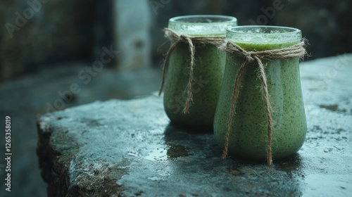 Green smoothies, rustic setting, rain, outdoors, healthy photo