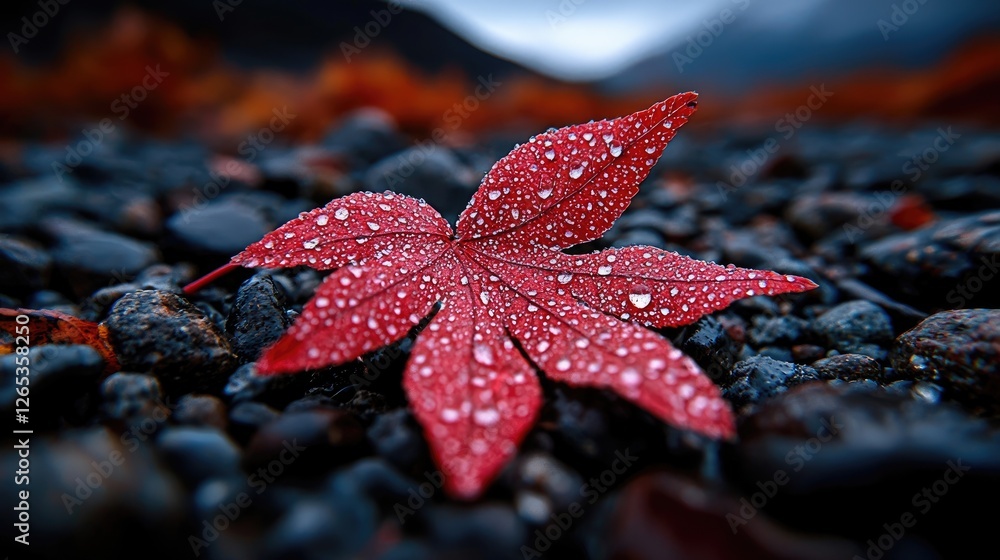 Red leaf, dew drops, river rocks, autumn mountains. Nature photography for websites, cards Red leaf, dew drops, river rocks, autumn mountains. Nature photography for websites, cards