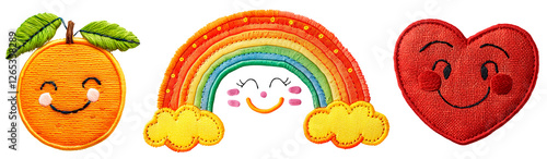 Set of colorful embroidered patches with cute smiling faces on a transparent background. Includes an orange fruit, a rainbow with clouds, and a red heart. Vibrant, cheerful, and playful textile design