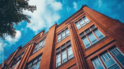 Brick building, city, summer sky, low angle photo