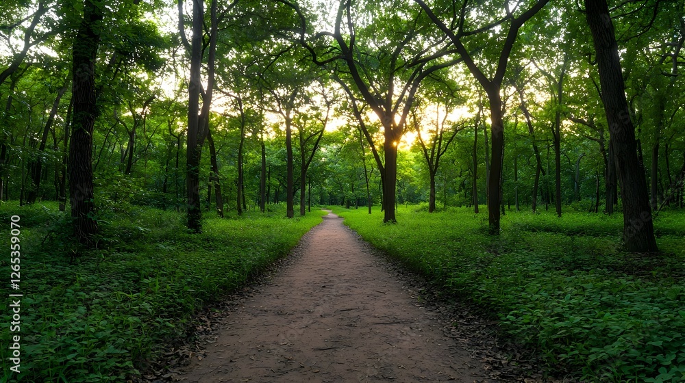 Fototapeta premium Forest Path At Sunset With Golden Sunlight