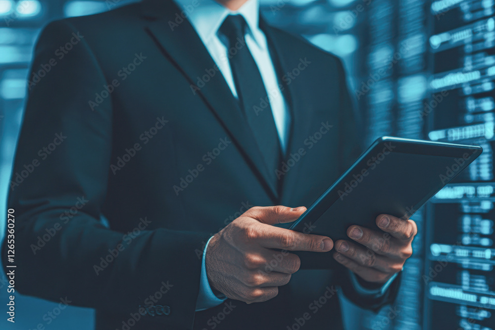 Business professional using tablet in data-driven environment office setting Business professional using tablet in data-driven environment office setting