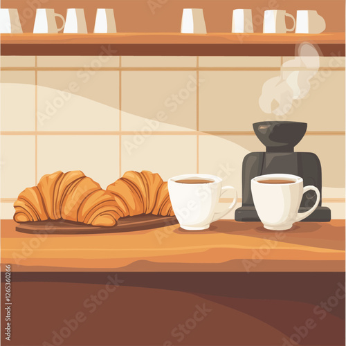 A vector of a coffee shop counter with croissants and steaming cups