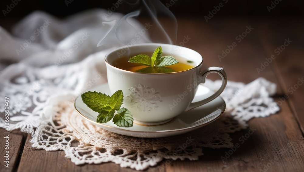 steaming cup of amber tea with fresh mint steaming cup of amber tea with fresh mint