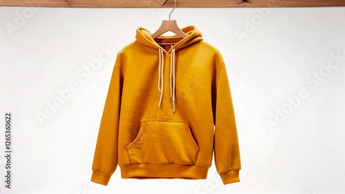 Vibrant yellow hoodie displayed on a wooden hanger against a soft, neutral background