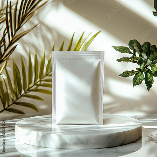 Mockup of White Mylar Bag on Light Background with Plants photo