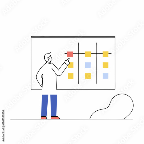 Clean line art of a project manager assigning tasks on a kanban board